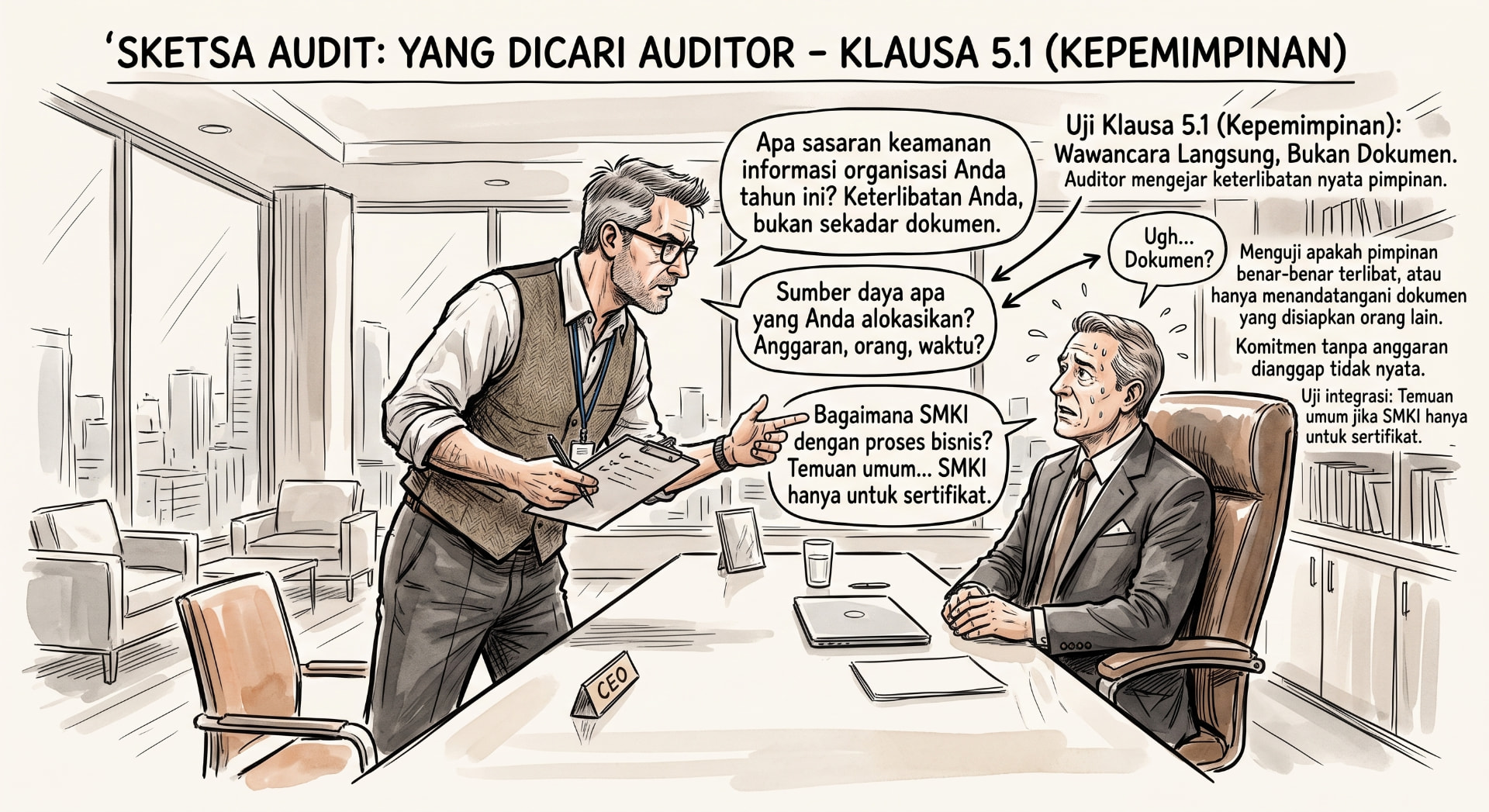 Ilustrasi sketsa audit — yang dicari auditor pada Klausa 5.1 Kepemimpinan